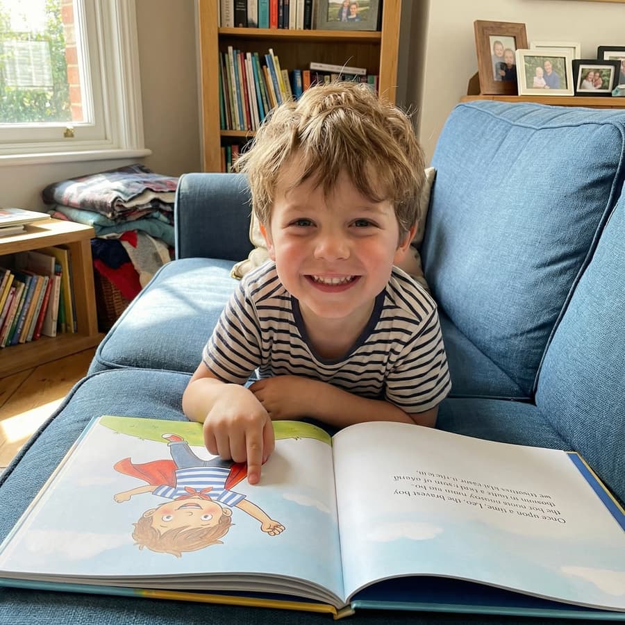 A young child beaming with delight over their personalised Our Moment book