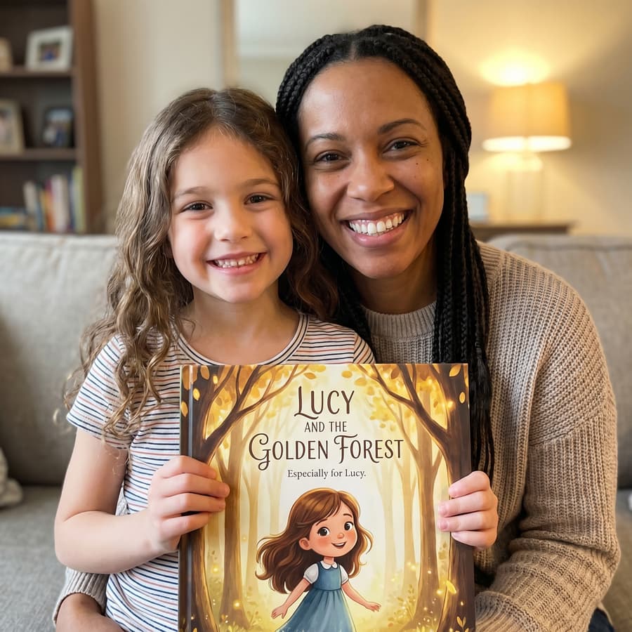 A girl with braids pointing at her personalised book Ellie and the Brightest Dream on a kitchen counter