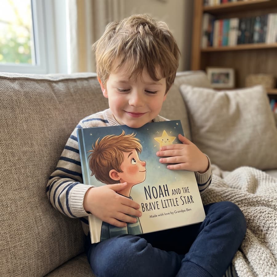A girl laughing at her personalised book Ellie and the Brightest Dream placed upside down on a counter